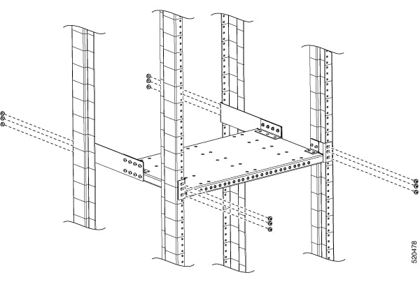 この図は、下部支持トレイをラックに取り付ける方法を示しています。