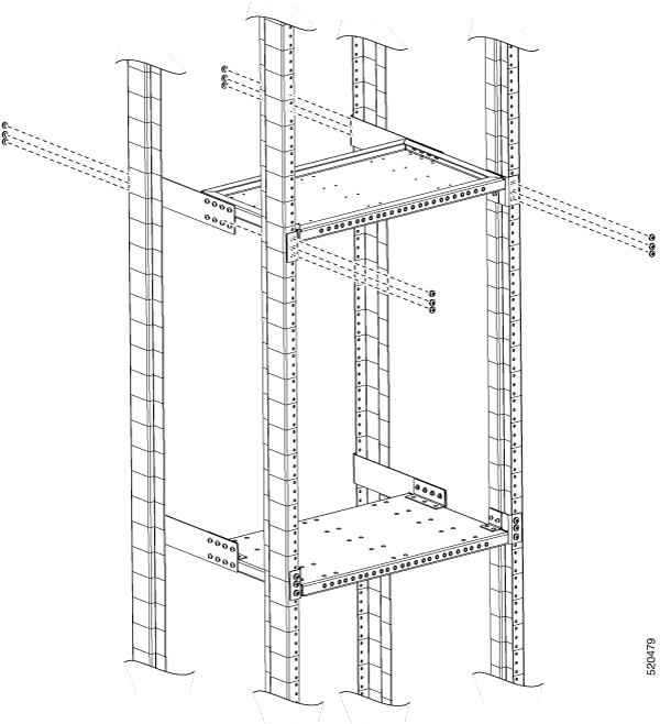 この図は、上部支持トレイをラックに取り付ける方法を示しています。