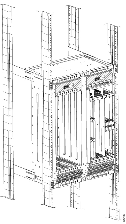 This image shows a rack with two vertical router assemblies.