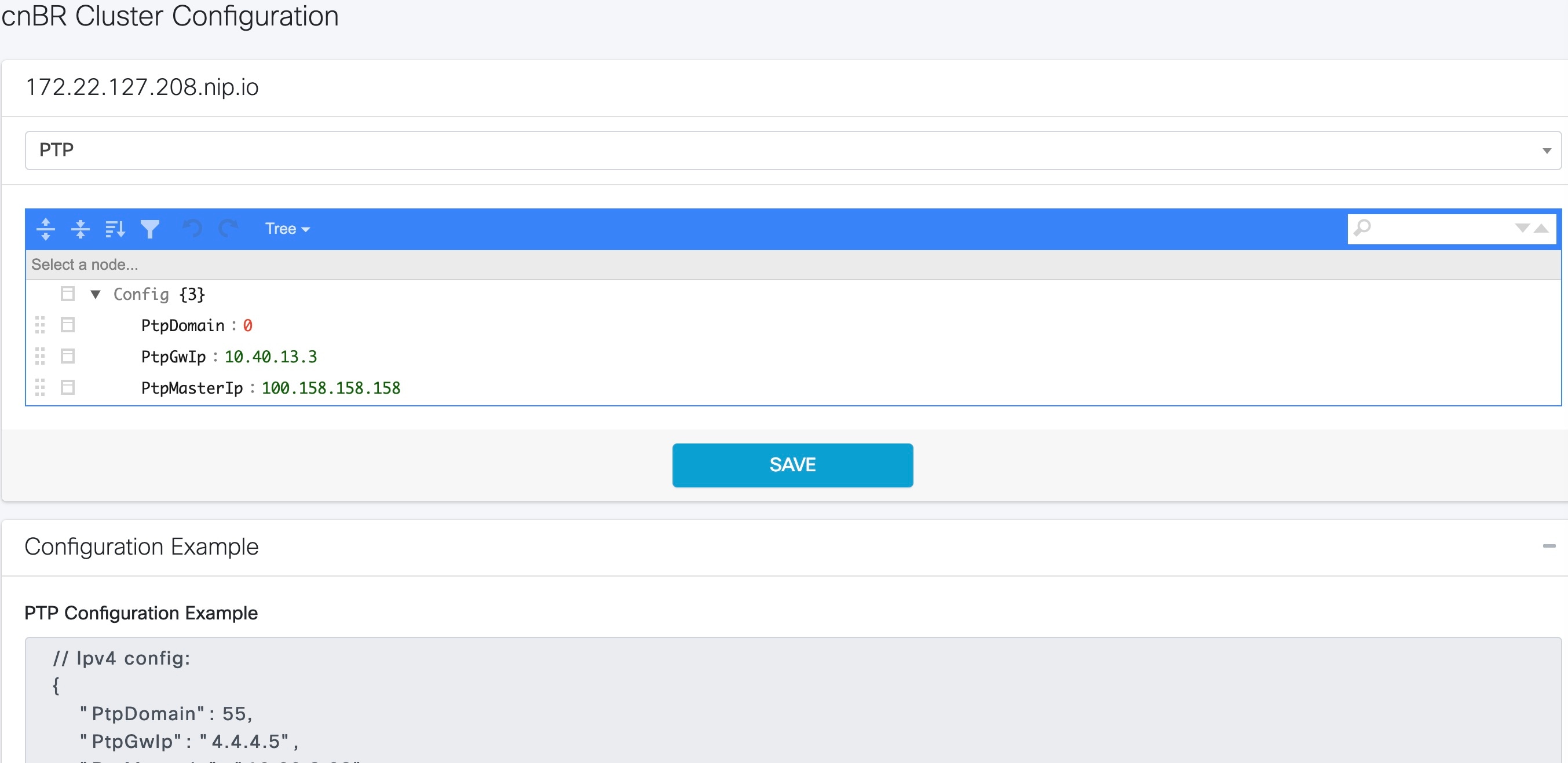 The screenshot displays the configuration information for cnBR PTP Client with a Single Primary Clock