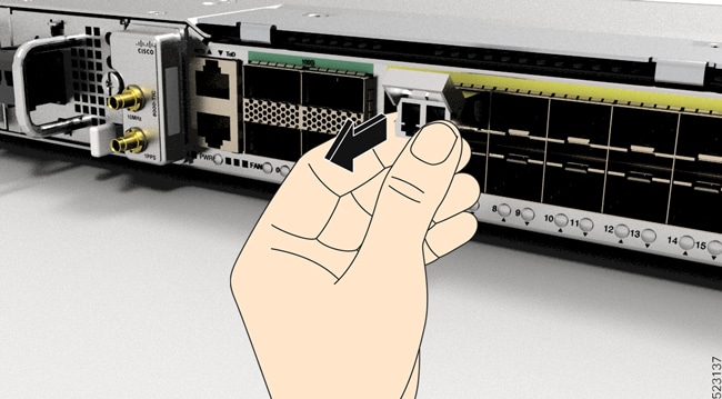 ルータからのベールクラスプ SFP または SFP+ モジュールの取り外し