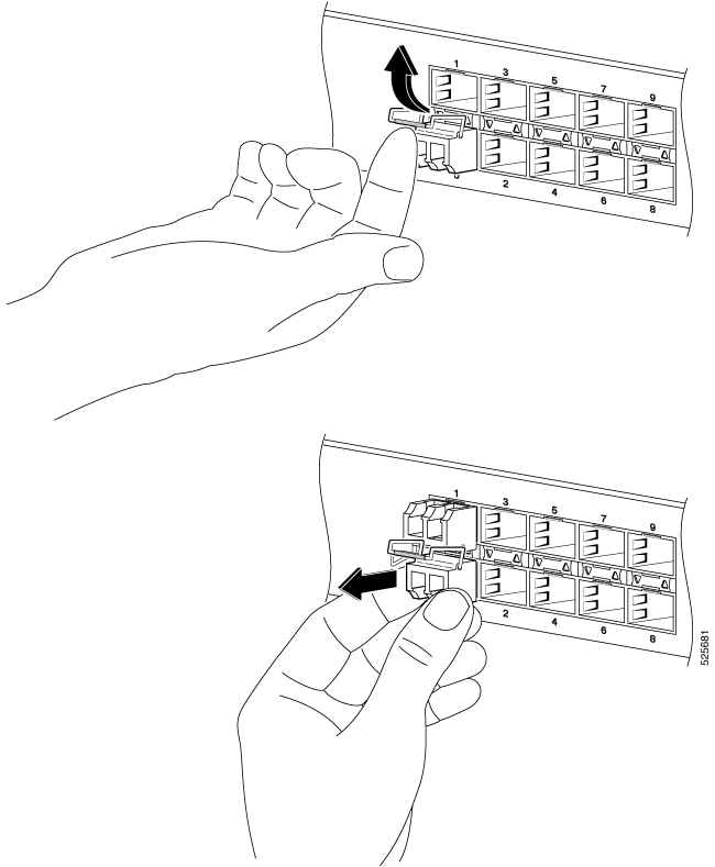Removing a Bale Clasp SFP or SFP+ Module from the router