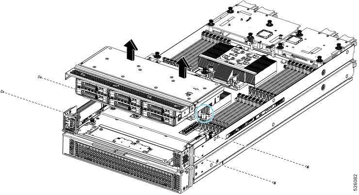 Illustration showing removing the front mezzanine module's screws from the sides of the node sheetmetal walls, then lifting the entire front mezzanine module off of the node. 