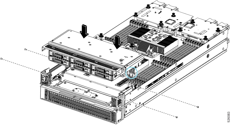Illustration showing installing the front mezzanine module's screws into the sides of the node sheetmetal walls, then attaching the entire front mezzanine module to the node.