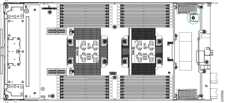Illustration showing the top cover off of the compute node and the location of the Trusted Platform Module (TPM) in the rear mezzanine module slot under the rear mezzanine module itself.