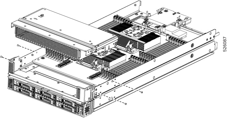 Illustration showing removing the front mezzanine module's screws from the sides of the node sheetmetal walls, then lifting the entire front mezzanine module off of the node.  