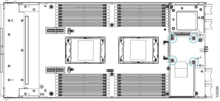 Illustration showing the location of the four power adapter screws that must be removed to disconnect the power adapter from the rear of the compute node.  