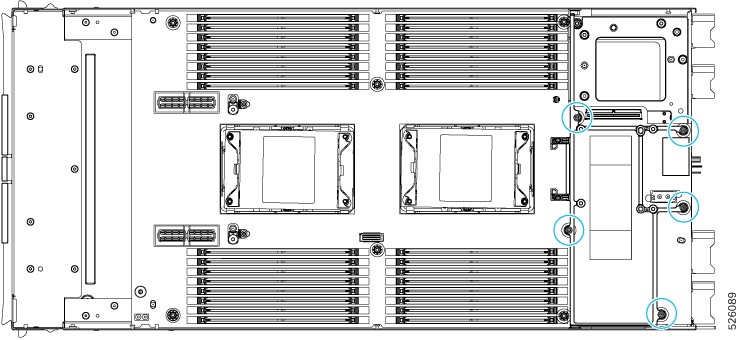 Illustration showing the location of the four rear mezzanine screws that must be removed to disconnect the rear mezzanine frame from the rear of the compute node.