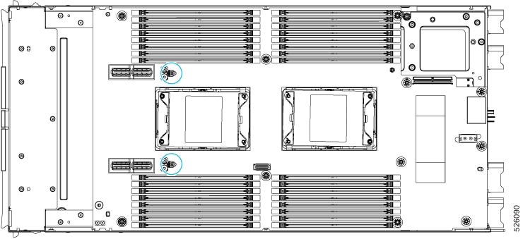 Illustration showing the location of the two threaded standoffs that must be removed. These standoffs are located by CPU 3 on the secondary subnode.