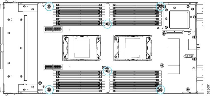 Illustration showing the location of the Torx screws that must be removed to disconnect the Secondary subnode's PCB from the midframe. 