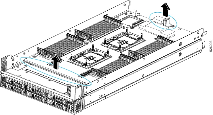 Illustration showing the locations of grasp points to handle the secondary subnode's PCB frame while disconnecting the frame from the node's sheetmetal tray.  