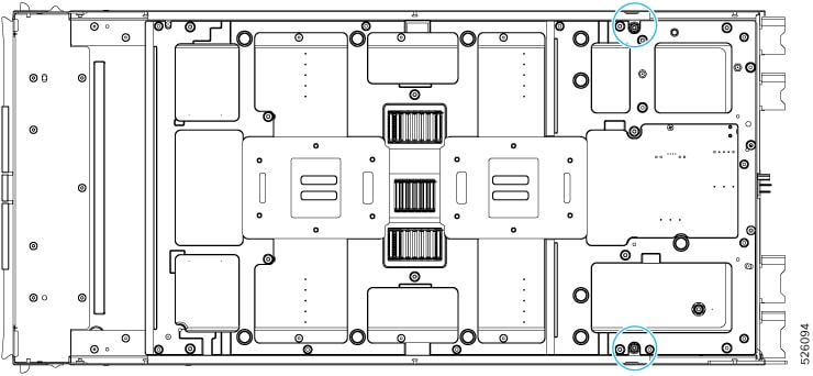 Illustration showing the locations of the two screws that must be removed to disconnect the secondary subnode's PCB from its metal frame.   