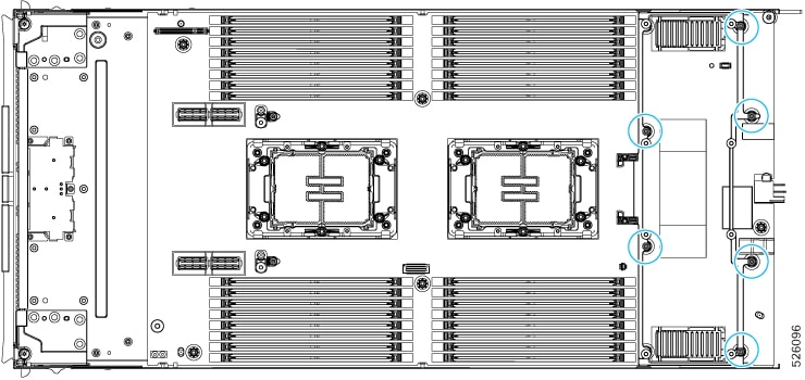 Illustration showing the location of the six rear mezzanine screws that must be removed to disconnect the rear mezzanine frame from the rear of the compute node. 