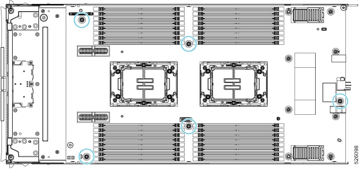 Illustration showing the location of the screws that must be removed to disconnect the primary subnode's PCB from the midframe. 
