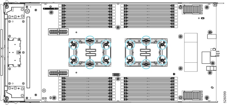 Illustration showing the location of the screws that must be removed to disconnect each CPU socket's bolster place from the motherboard. 