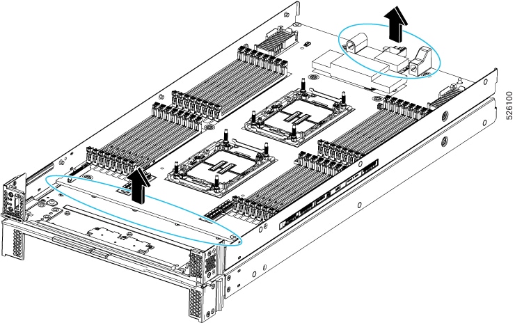 Illustration showing the locations of grasp points to handle the primary subnode's PCB frame while disconnecting the frame from the node's sheetmetal tray.  