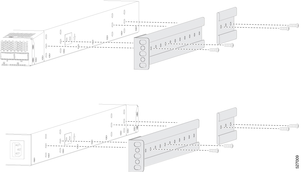 Illustration showing two views of attaching the mounting bracket (shaded) into the sides of the chassis. In the top view, the front bracket is aligned with the corresponding screw holes, and the screws are sinking thorough the mounting bracket into the screw holes. In the bottom view, the same content is shown for the rear mouting bracket attaching to the rear of the chassis.