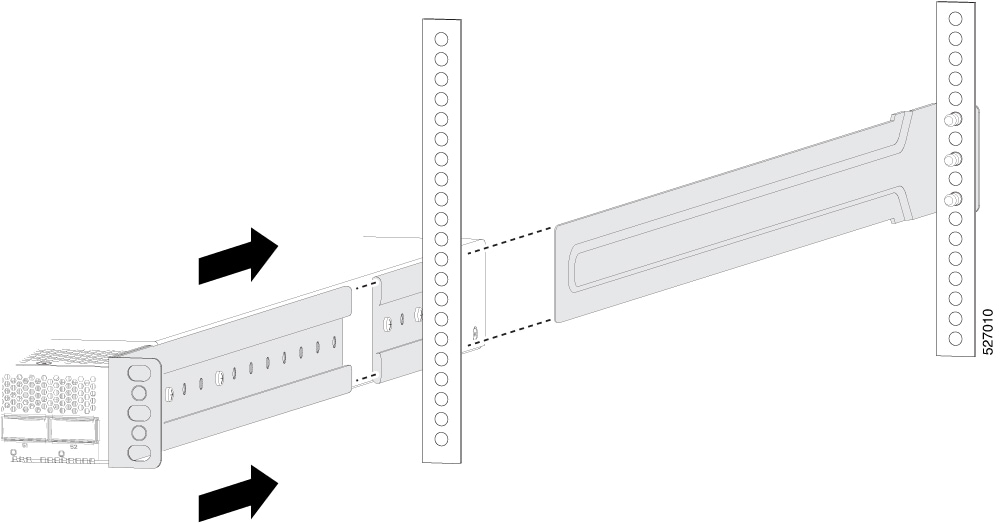 Illustration showing the installation of the chassis. In this illustration, the front and rear rails (shaded) are sliding together as the chassis is being inserted into the rack, which is indicated by two dark arrows.