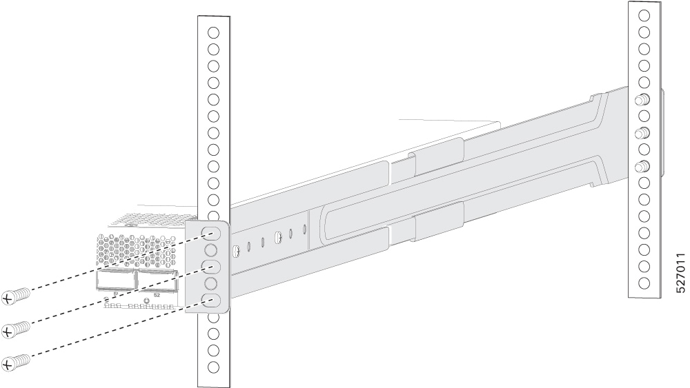 Illustration shows the chassis installed and flush with the rack. In this illustration, the rear rail is completely inserted into the front sliding rail (both shaded), and three screws are sligned to insert trhough the front face of the mounting bracket and sink into the screwholes in the rack