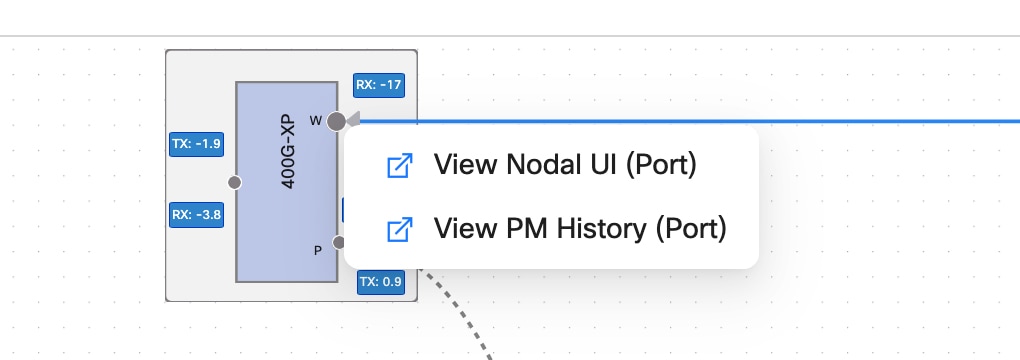 The screenshot shows the pop-up options for ports of the nodes.