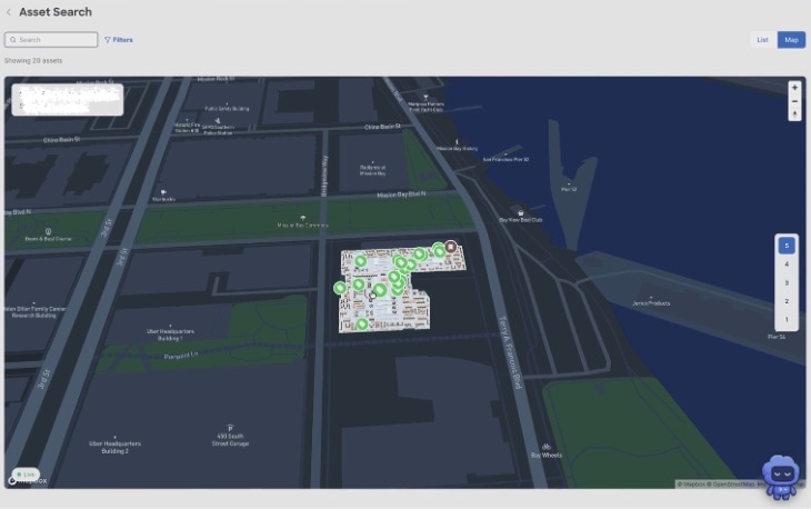 Search results show asset details, filters, and asset view options.