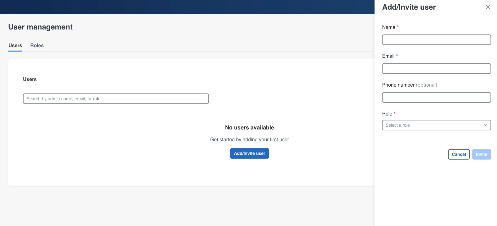 The Add User window shows fields to enter an email address and choose a role.