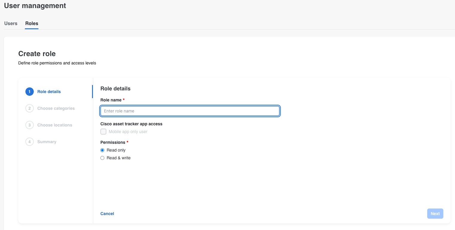 The Role details step shows role name, app access, and permission options.