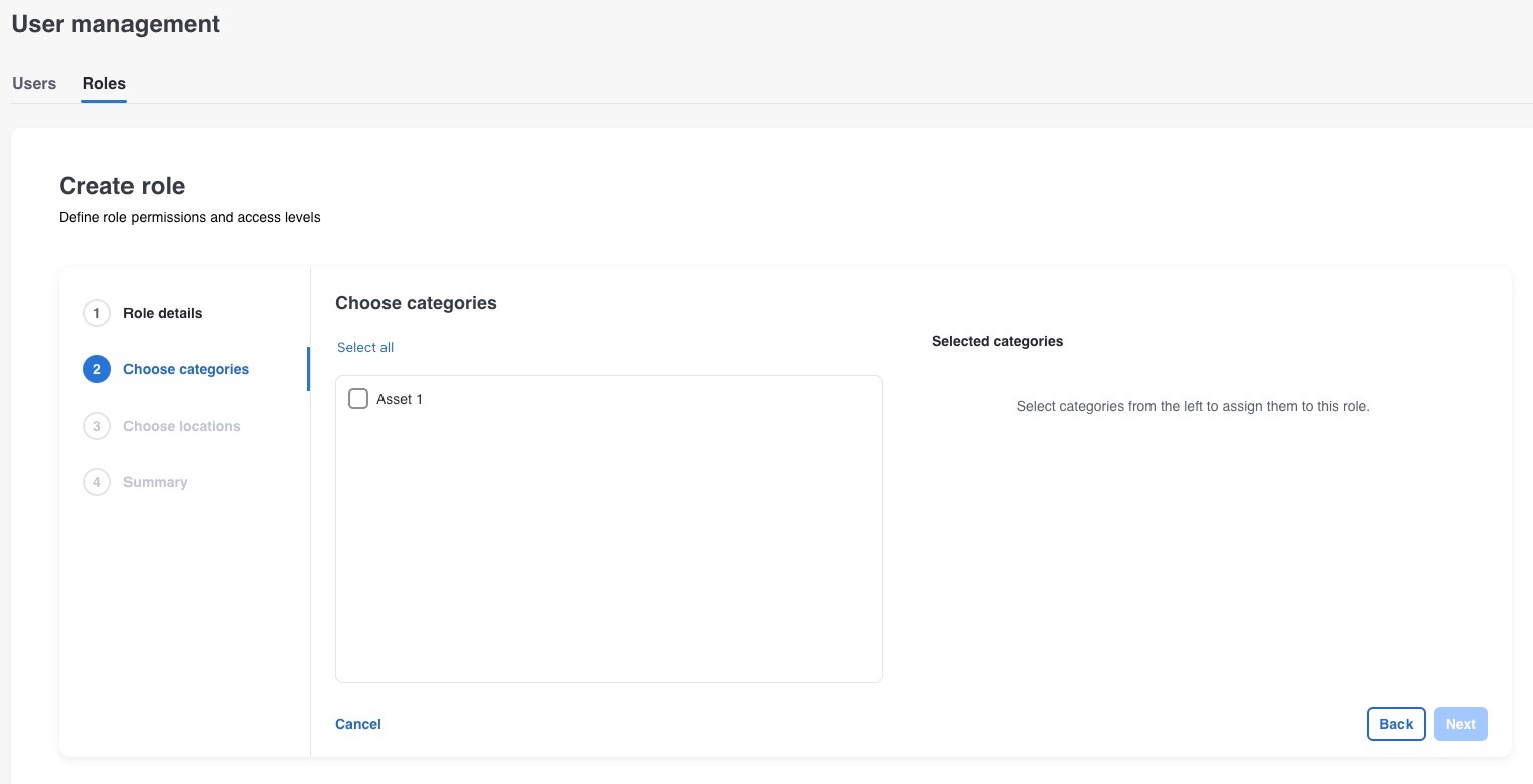 The Choose categories step shows the categories that can be assigned to the role.