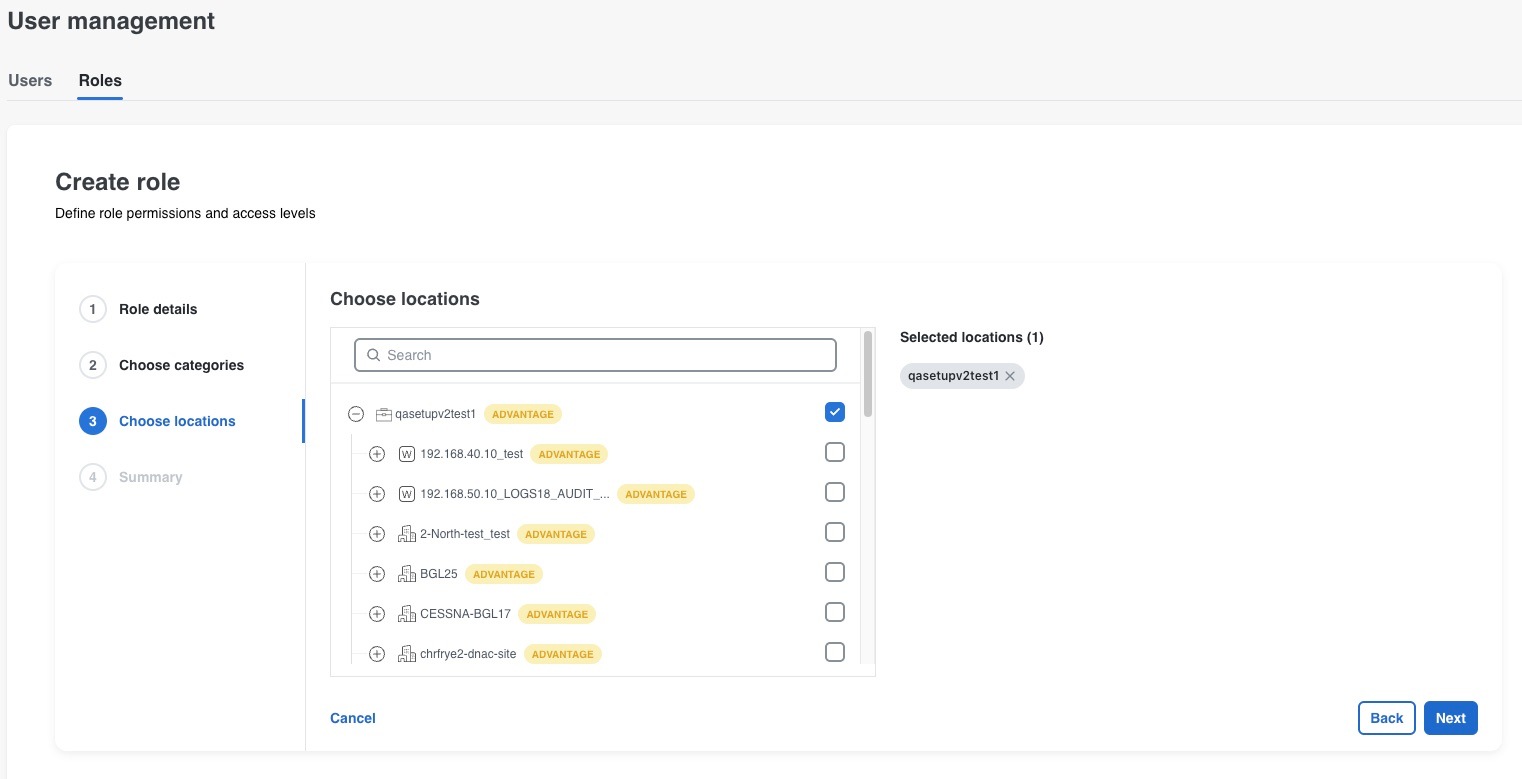 The Choose locations step shows the locations that can be assigned to the role.