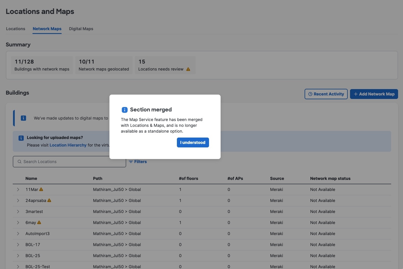 Map service section merged dialog box
