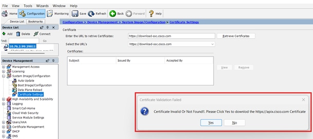 Certificate validation failure message dialog
