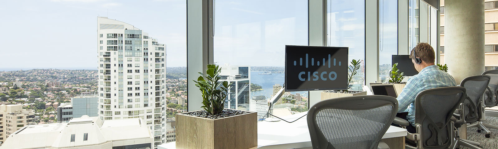 Sydney office with Cisco logo displayed on a computer scene with buildings and the ocean in the background.