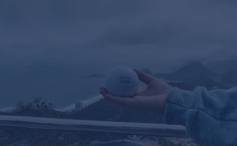 A hand holding a Cisco ball in palm of hand against a mountain and ocean background in Brazil