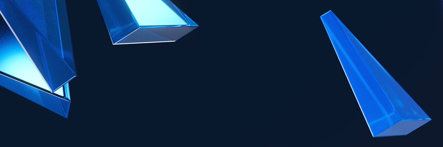 Decorative blue triangular 3D shapes in the background.