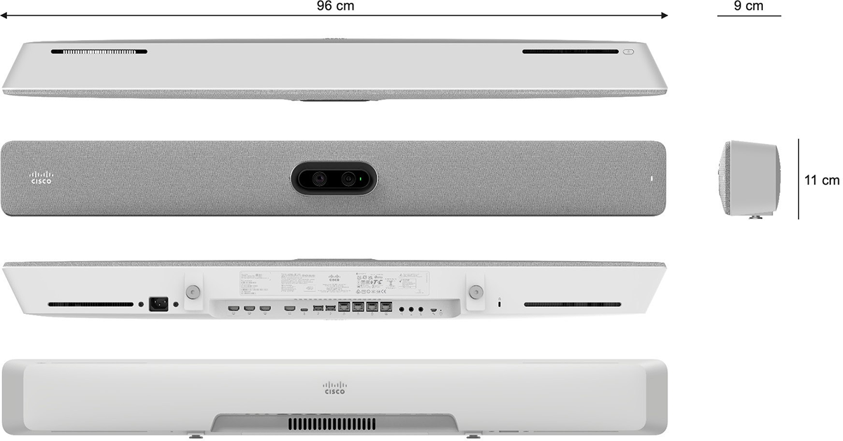 The Cisco Room Bar Pro video bar unit from top, front, side, bottom, and back view