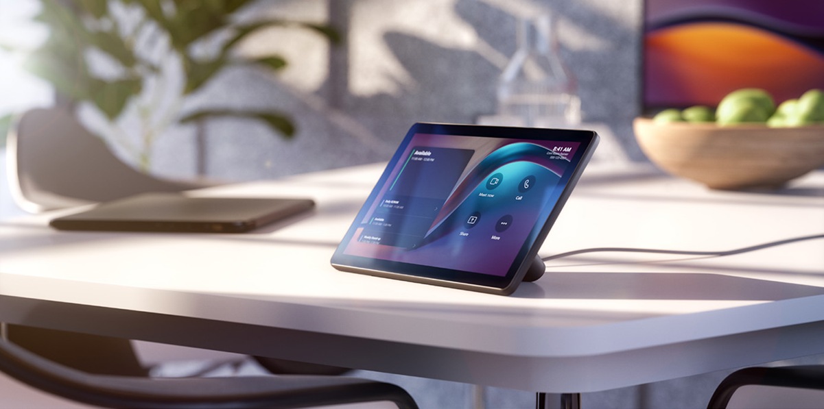 Cisco Room Navigator in Carbon Black running the native Microsoft Teams Rooms Console experience