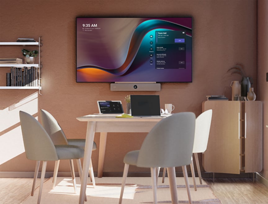 The Cisco Room Bar solution bundle running in native Microsoft Teams Rooms mode in a small huddle space.