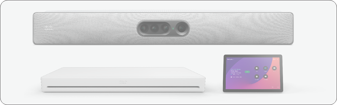 Main components of the main Cisco Room Kit EQ bundle: Cisco Codec EQ, Cisco Quad Camera, and the Cisco Room Navigator touch controller