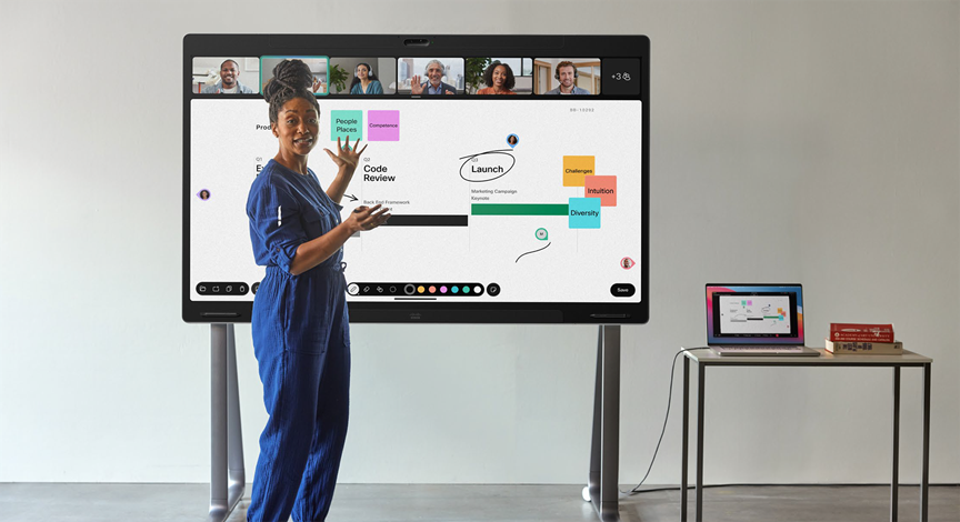 Cisco Board Pro 75 G2 on floor stand with wheel stand upgrade running the Webex Whiteboard experience