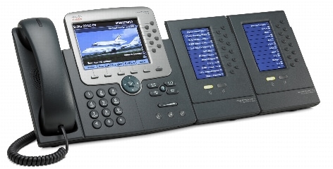 図 3 2 台の Cisco Unified IP Phone 7916 拡張モジュールを装備した Cisco Unified IP Phone 7975G