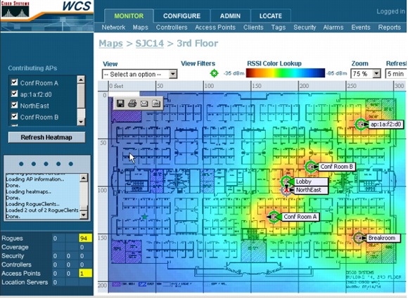 図 2 Cisco Wireless Location Appliance：数千のユーザ、デバイス、およびアクセス ポイントのリアルタイムの同時ロケーション トラッキング