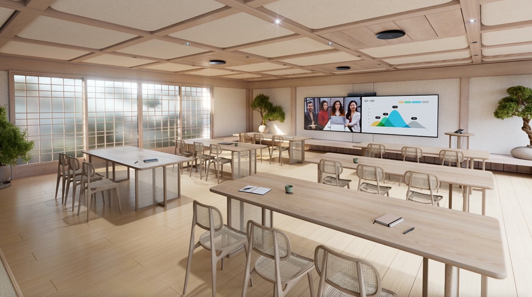 A room with tables and chairsDescription automatically generated