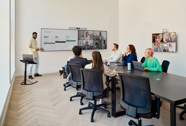 The Cisco Table Microphone Pro used with the extended Cisco Room Kit EQ bundle to provide multi-directional speech pickup from a large meeting room