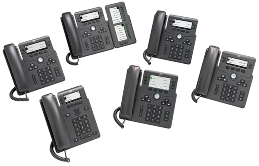 Cisco IP Phone 6800 Series: Clockwise from the bottom left, 6821, 6841, 6851 with optional KEM, 6851, 6861 and 6871