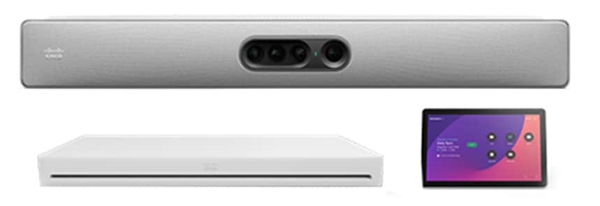 Main components of the Cisco Room EQ bundle: Cisco Codec EQ, Cisco Quad Camera, and the Cisco Room Navigator touch controller