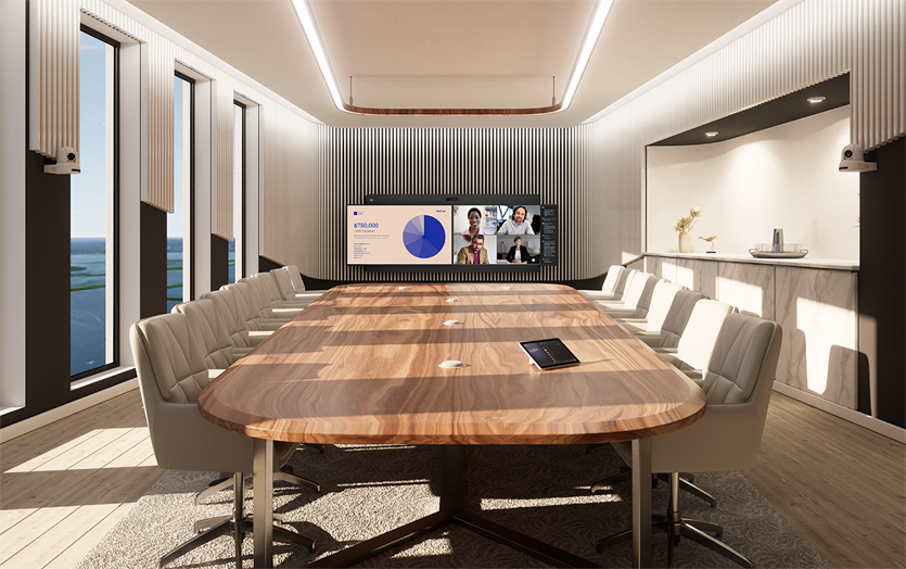 The Cisco Room Kit EQX with wall mount and augmented with cross-view running the native Microsoft Teams Rooms experience.
