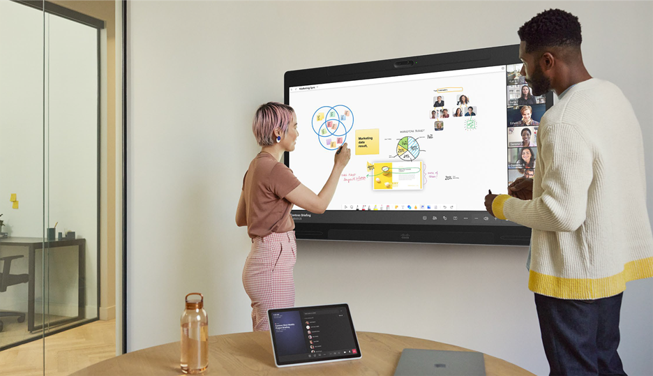 Cisco Board Pro 75 G2 on floor stand with wheel stand upgrade running the Webex Whiteboard experience