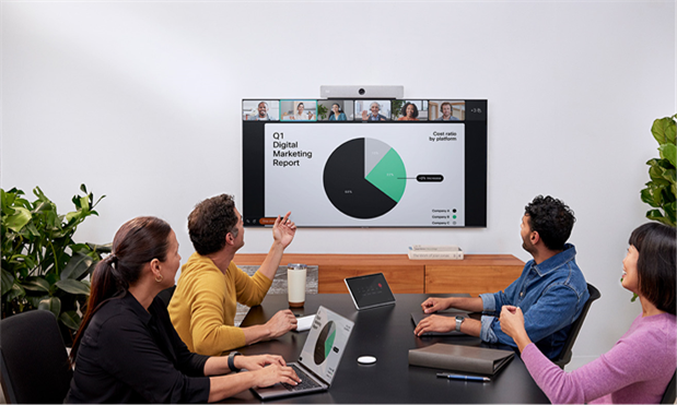 Cisco Room Bar used for video conferencing and wireless content sharing in a small meeting room