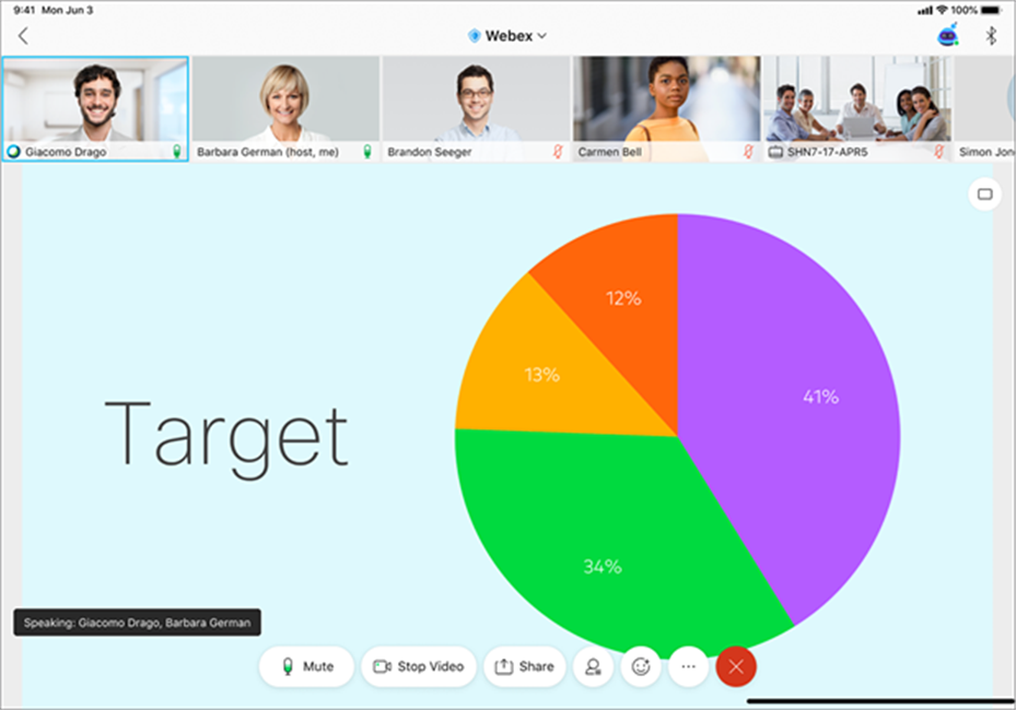 Webex Meetings on a tablet – sharing view with four active thumbnails