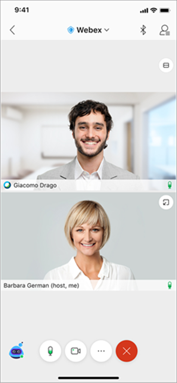 Webex Meetings on a mobile phone – grid view with two panes